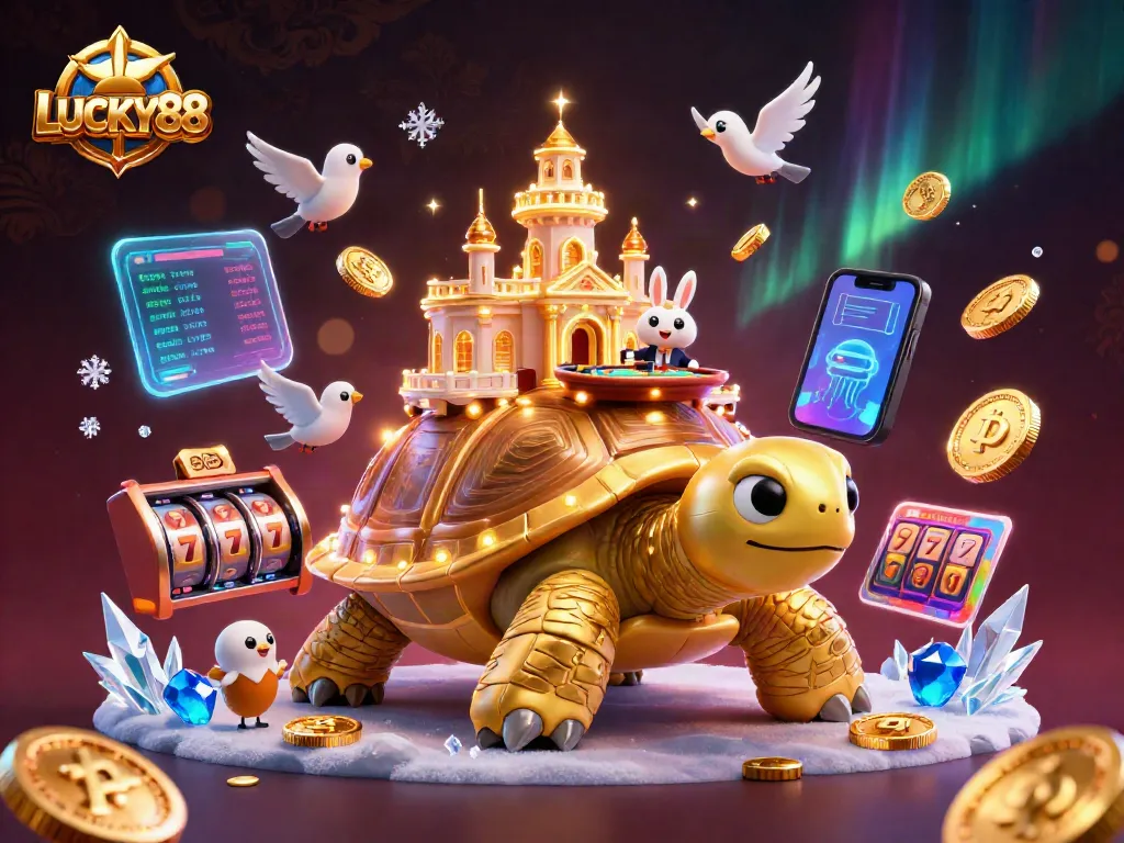 Spin the reels in LUCKY88 with a vibrant scene of a casino on a tortoise’s shell, featuring a rabbit dealer and flying coins.