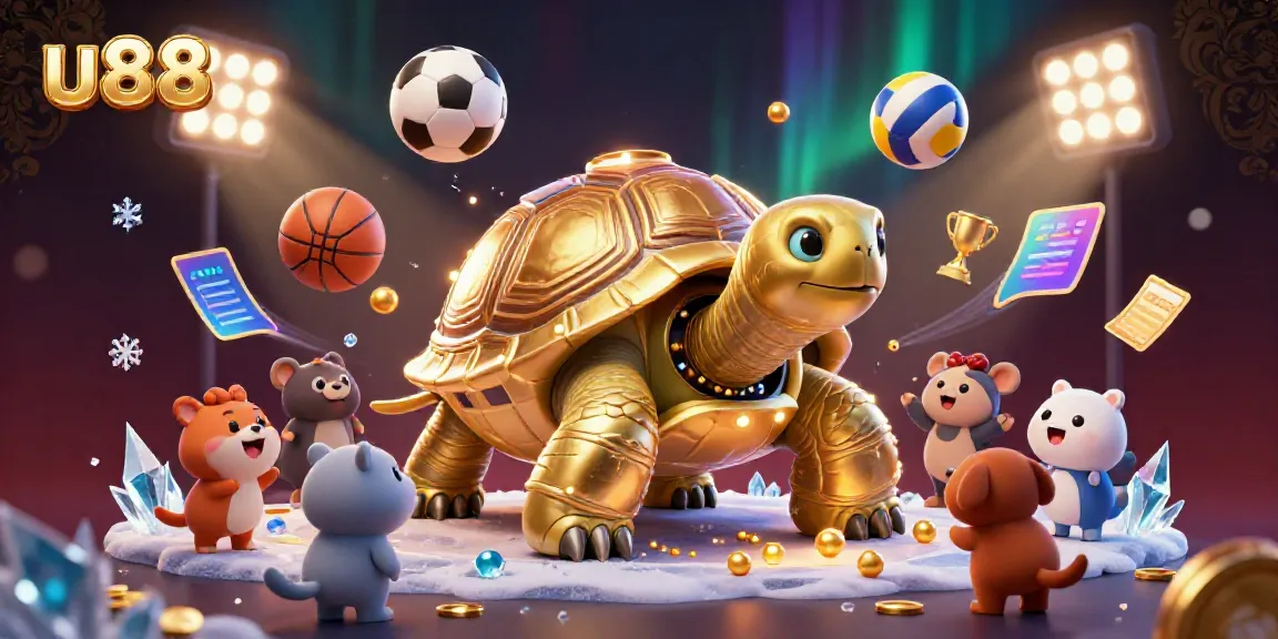 Experience the excitement of u88 with a golden tortoise pinball machine and eager animals, showcasing vibrant sports elements.