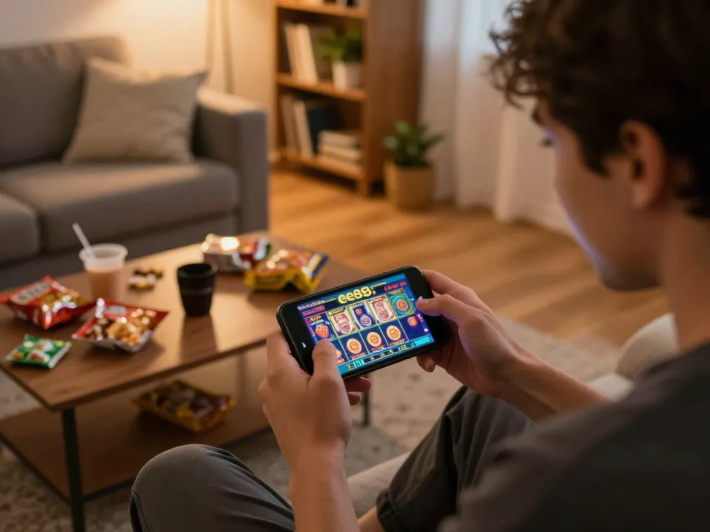 Player engaging with ee88 mobile casino app, showcasing excitement in a cozy home environment