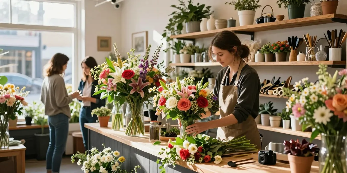 Discover the best florist in Edmonton creating a vibrant bouquet amidst a charming floral shop.