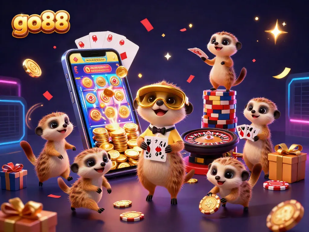 Experience excitement with go88's meerkats running a casino in this vibrant 3D illustration.