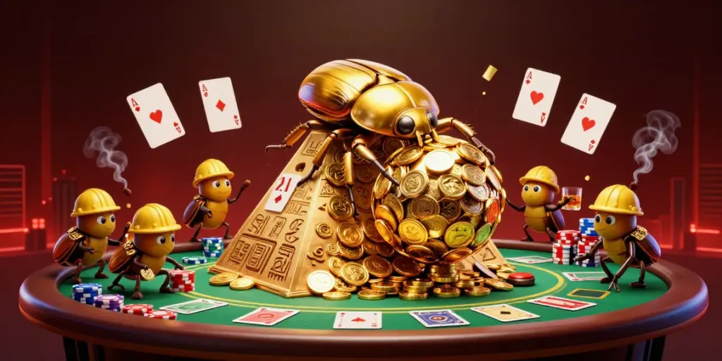 Engage with lc88's thrilling casino experience symbolized by golden beetles rolling coins.