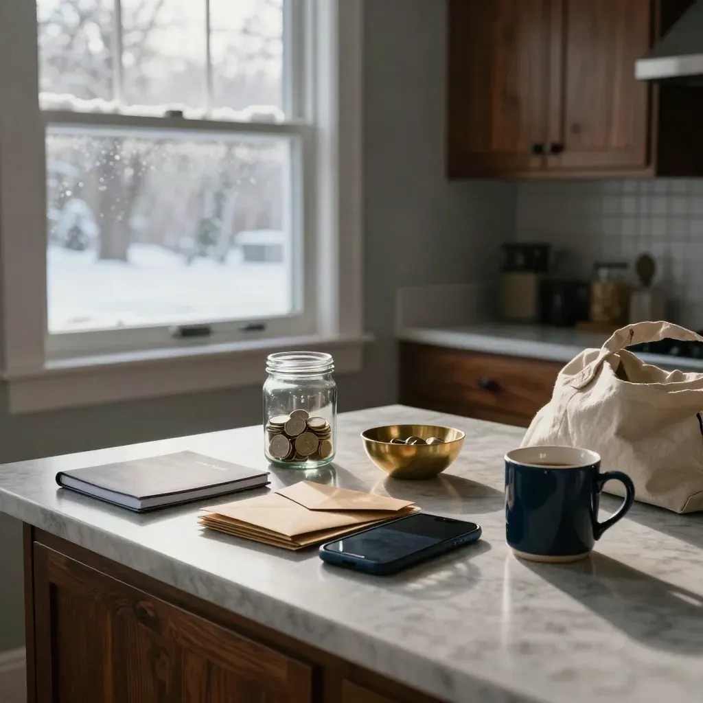 Snowy kitchen island with savings jar, budget notebook, envelopes, mug, coin bowl and tote