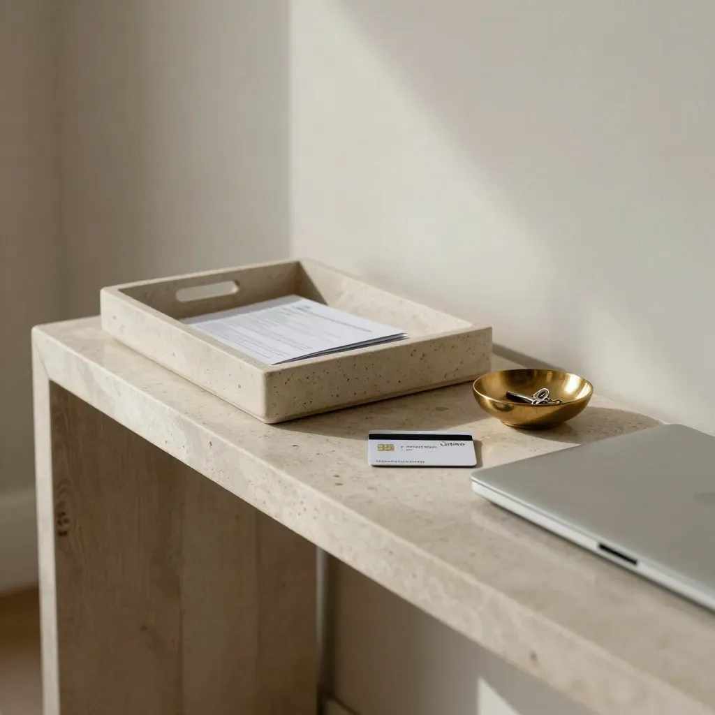Quiet condo entry console with mail tray, debit card sleeve, ceramic dish, closed laptop and key bowl