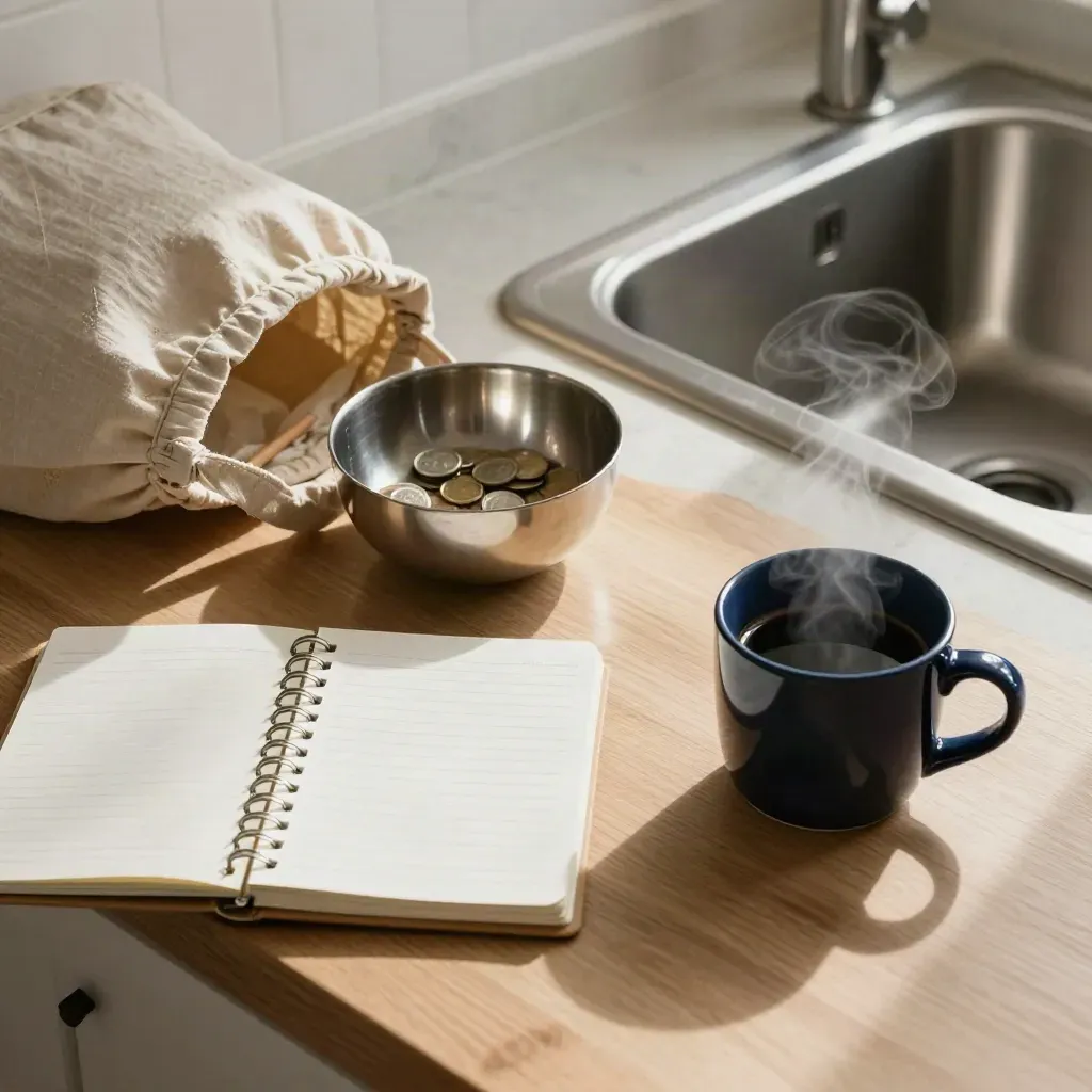Top-down kitchen budget reset with tote, coin bowl, planner, pencil tray and steaming navy mug.