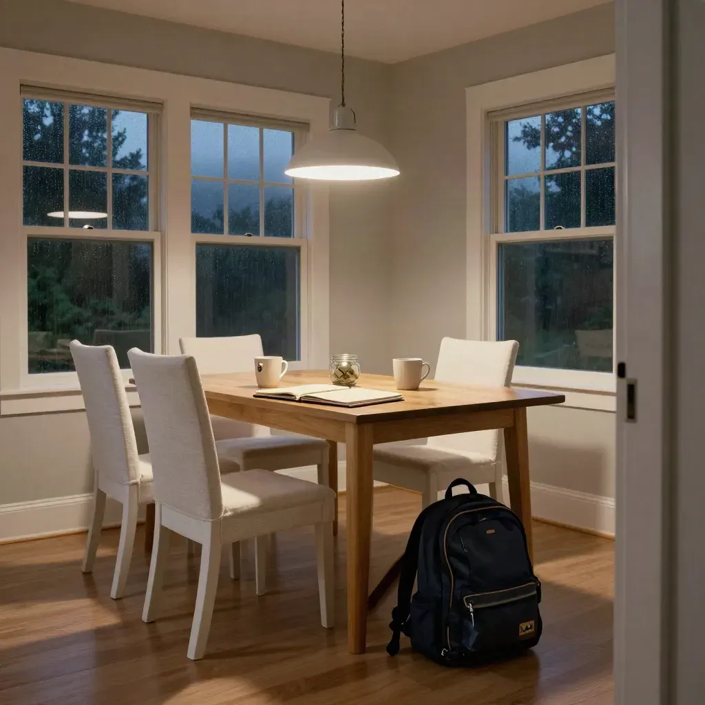 Rainy evening dining room with folder, mugs, backpack, and savings jar on a table