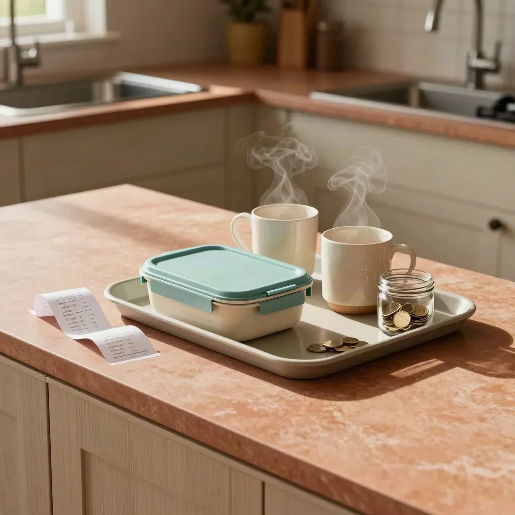 Kitchen island with receipts, mugs, lunch container and savings jar by the sink, mid-cash-check