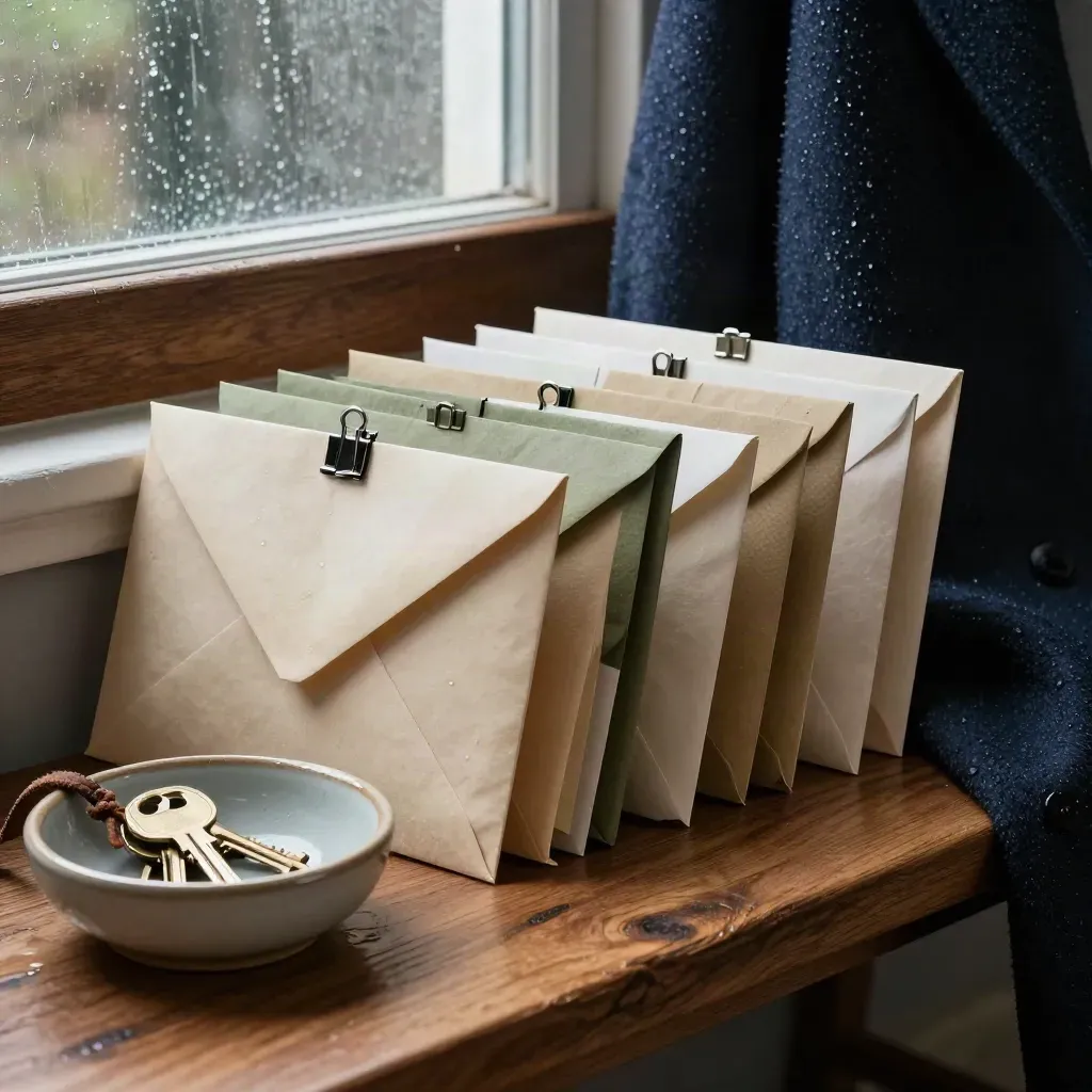 Rainy mudroom bench with clipped bill envelopes, key bowl and navy coat, seen across the surface