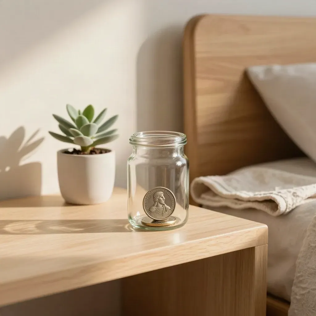 Glass jar with one coin, plant and linen on a bedside shelf at sunrise.