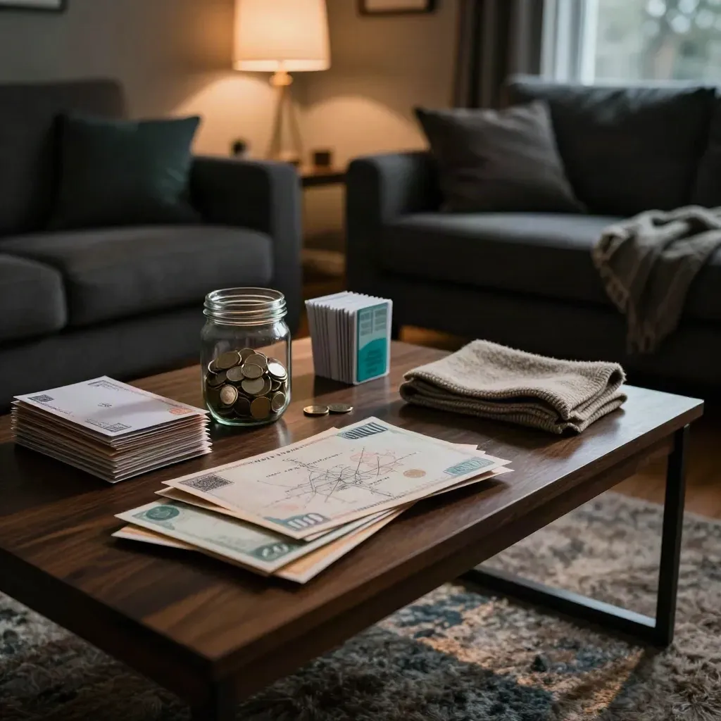 Low-lit living room coffee table with debt envelopes, coin jar, card sleeves, and a folded wool throw.