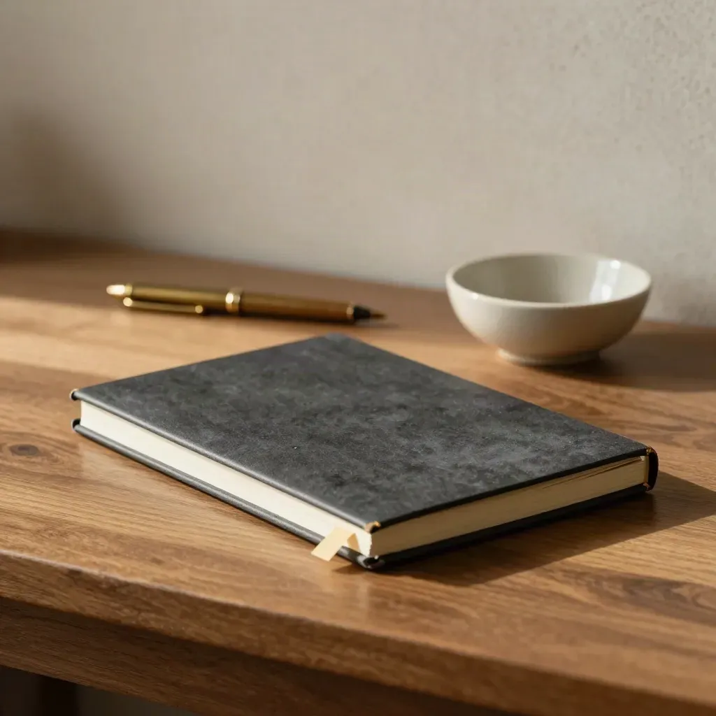 Closed finance notebook, tabs, pen, card sleeve, and ceramic bowl on a sunlit study desk.