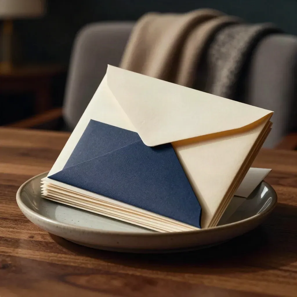 Envelopes lean into a ceramic dish beside a navy card sleeve and wool throw on a table