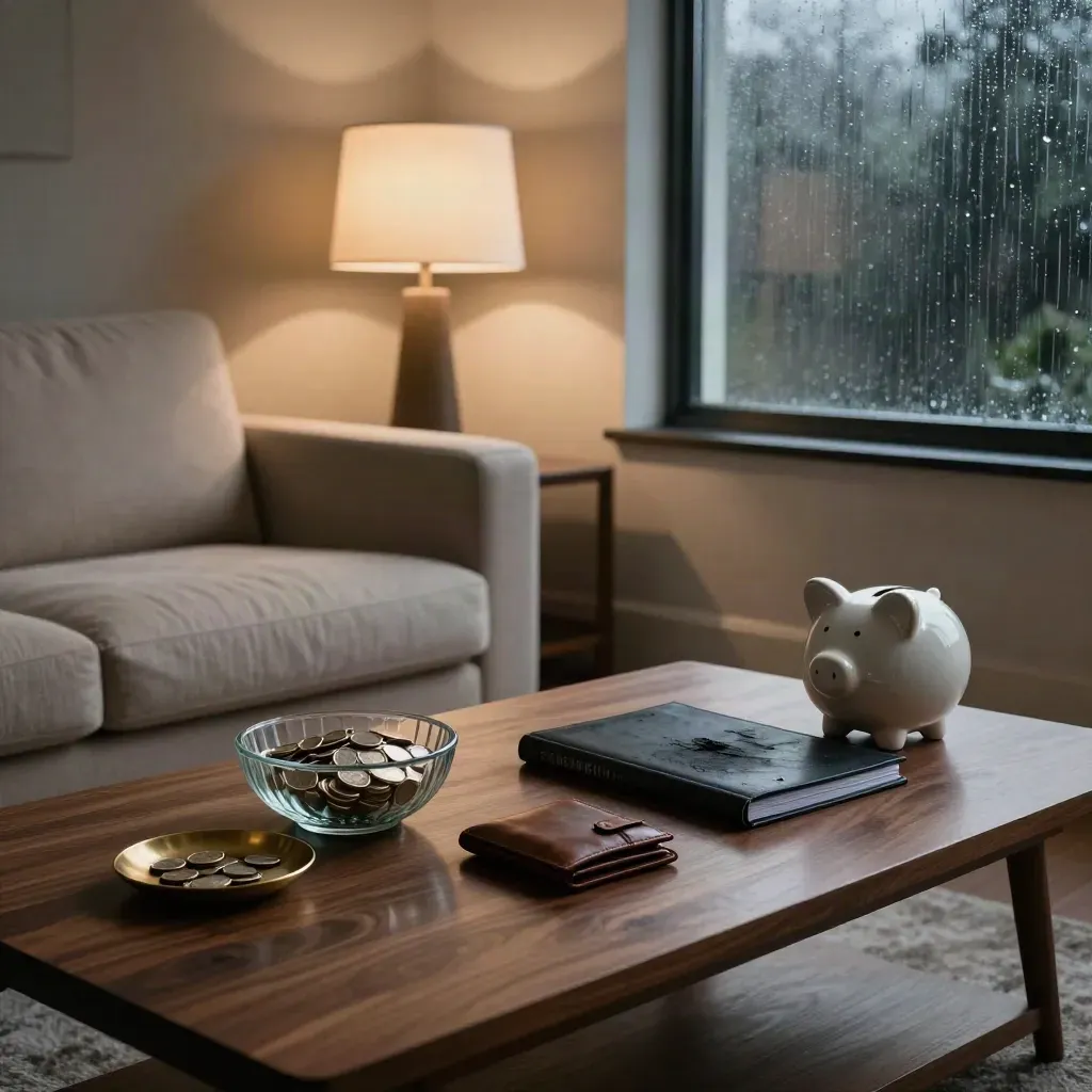 Rainy living room corner with money setup on a walnut coffee table, lamp glow, and dark sofa edge.