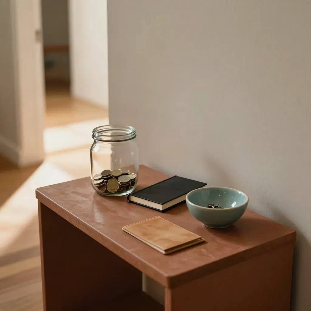 Hallway console with savings jar, notebook, card sleeve and key bowl in warm afternoon light.
