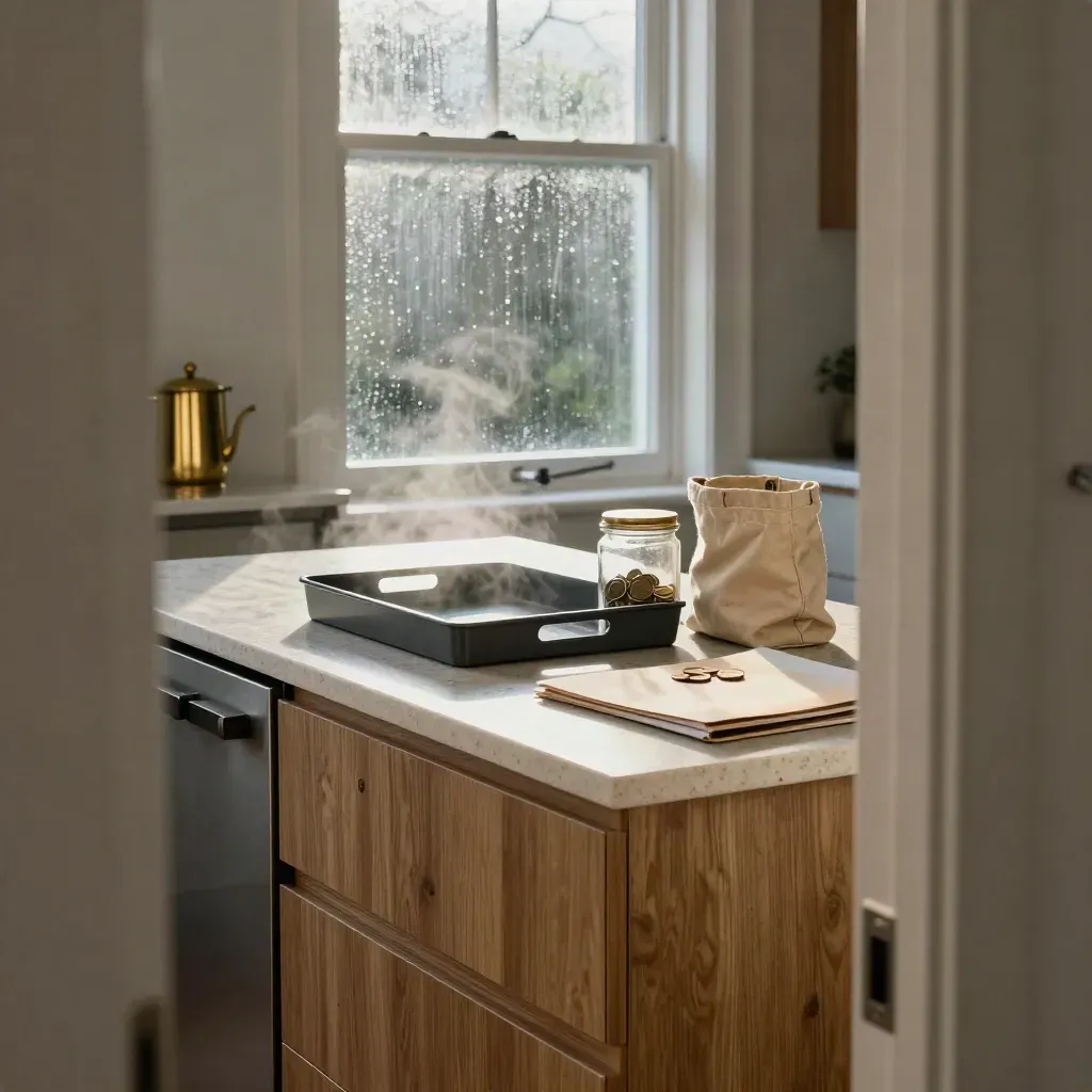 Doorway view of a rain-lit kitchen island with bills, coin jar, tote, and folder.