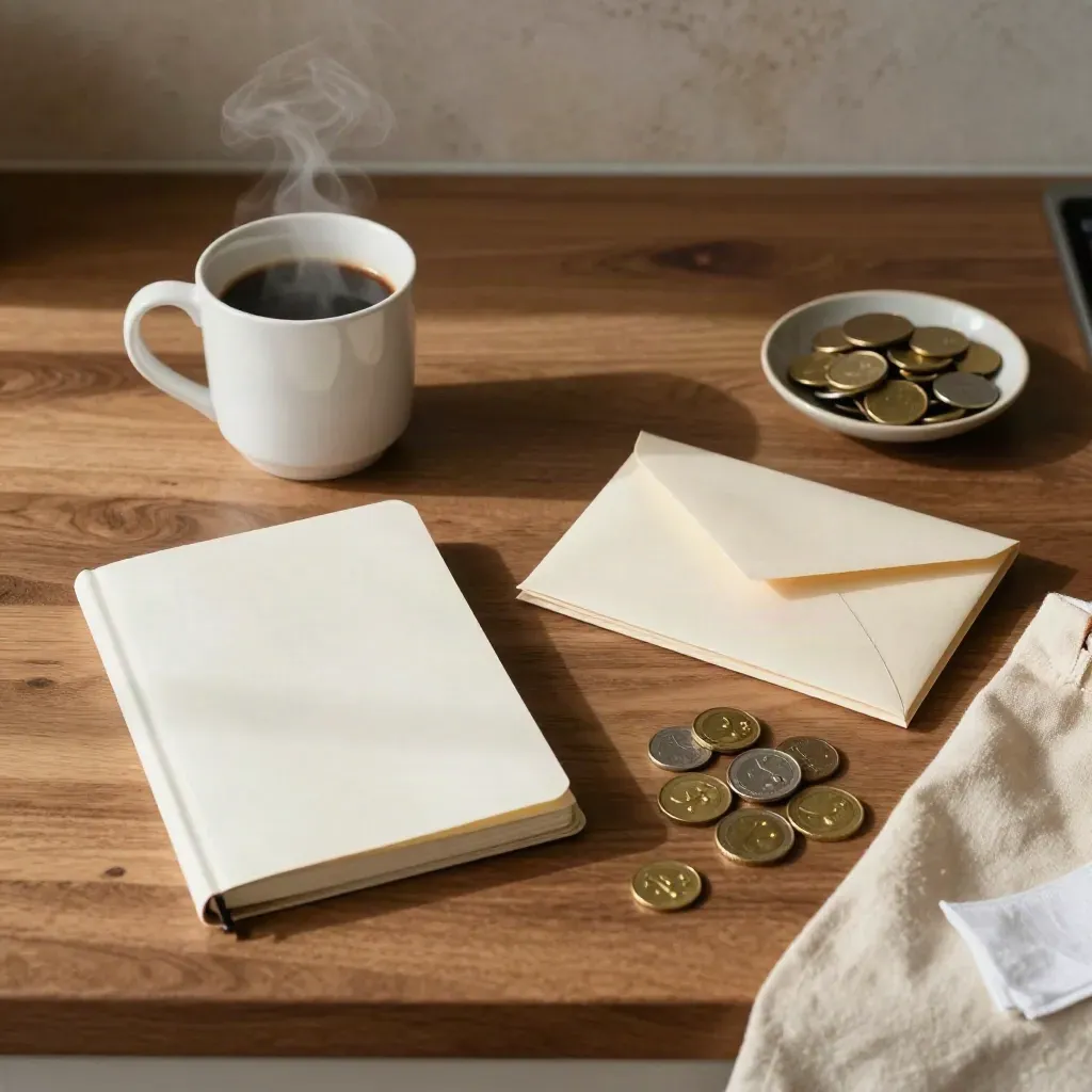 Top-down morning budget scan on a walnut counter with mug, notebook, envelopes, coins, and a grocery tote corner.
