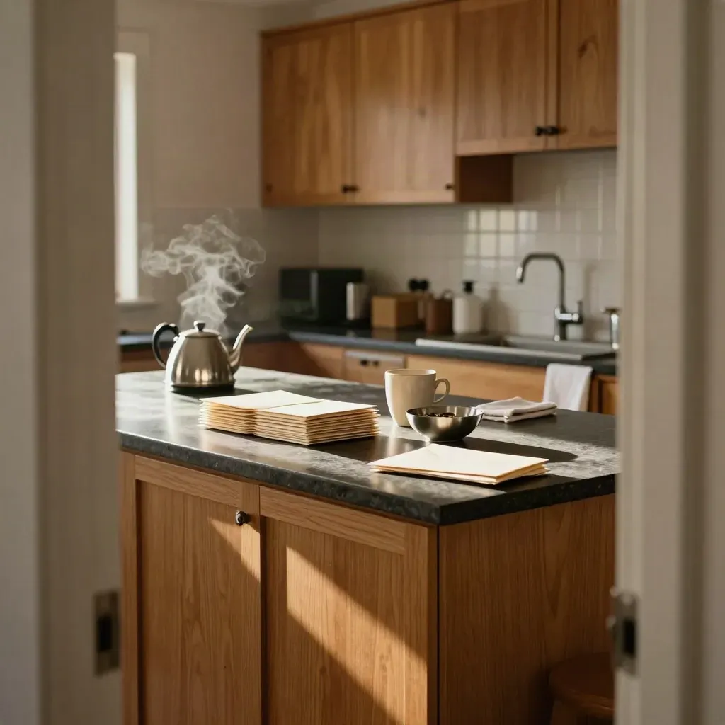 Kitchen island with envelopes, mug, coin bowl and cloth in warm morning light.