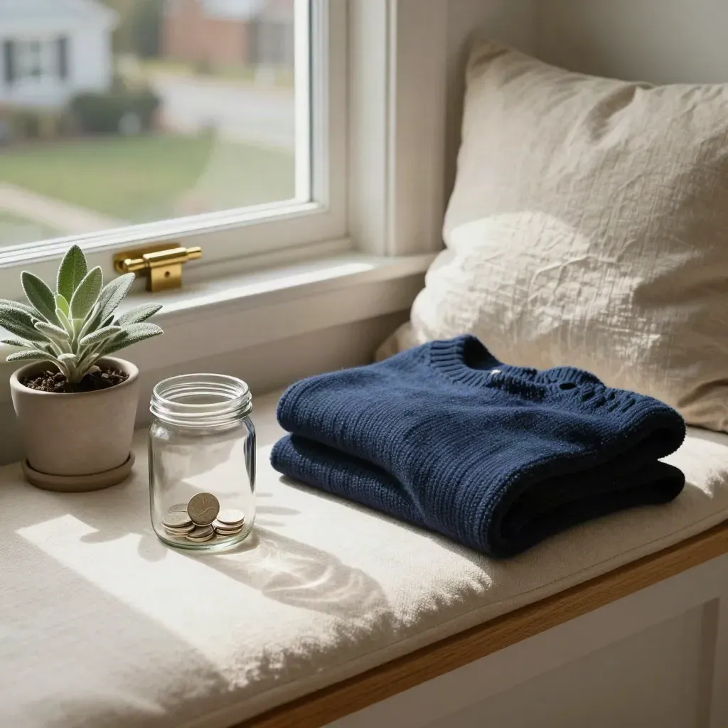 Overhead window-bench still life with savings jar, coin, navy sweater, plant and pale cushion.