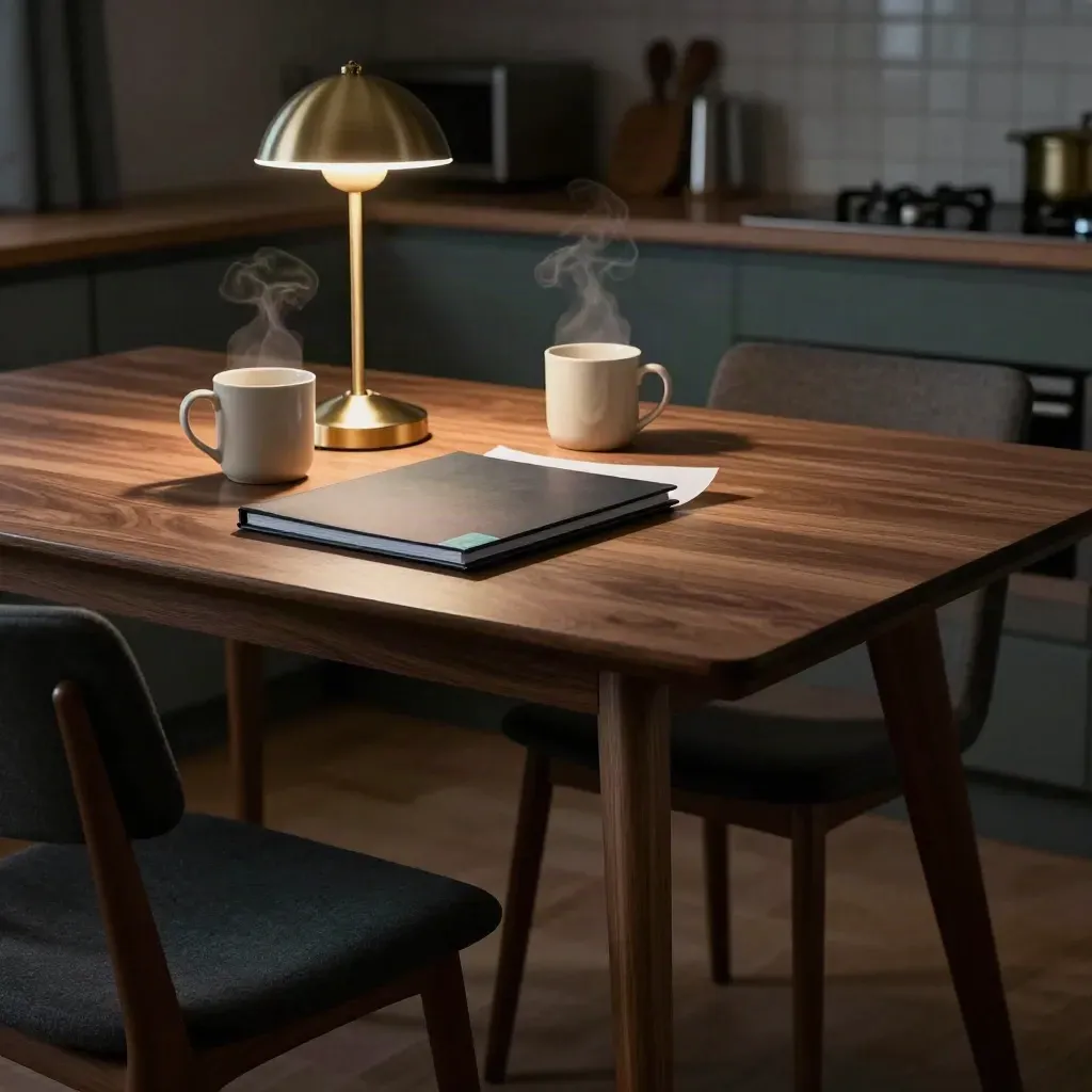 Warm kitchen table with two mugs, closed folder, lamp glow, and a pulled-back chair at dusk.