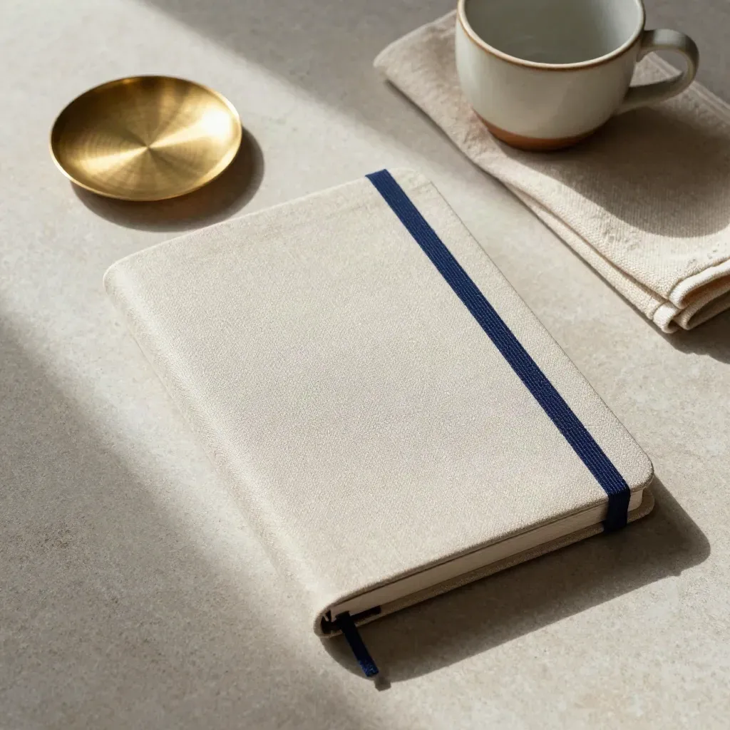 Budget binder, brass dish, cup and tea towel on stone in soft overhead light.