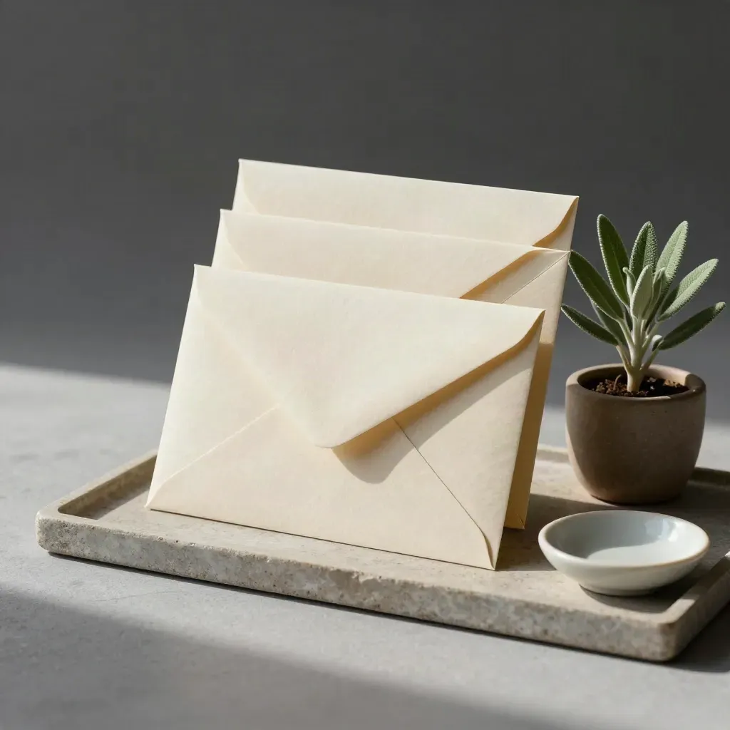 Three cream envelopes on a stone tray with a tiny plant and dish in soft daylight.