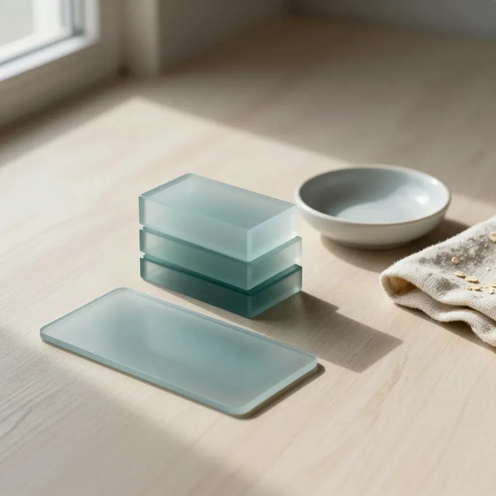 Card sleeve with teal acrylic blocks, ceramic dish and folded cloth on pale wood.