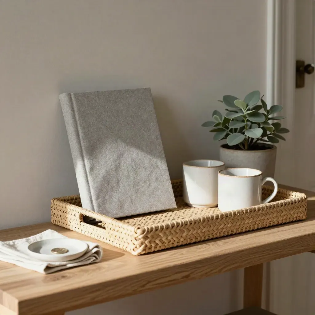 Home finances folder in a woven tray with mugs and a small plant on a pale console.