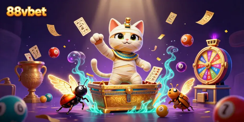 Engage with 88vbet in this vibrant scene featuring a mummy cat and scarab beetle amidst lottery elements.
