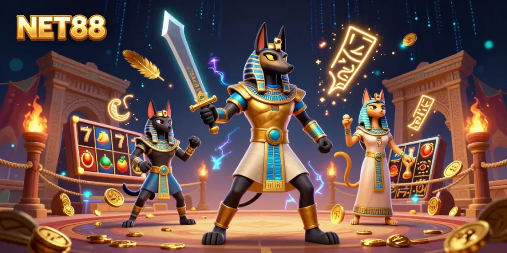 NET88 reels spin as the ancient warrior Anubis captivates players in a vibrant casino scene.