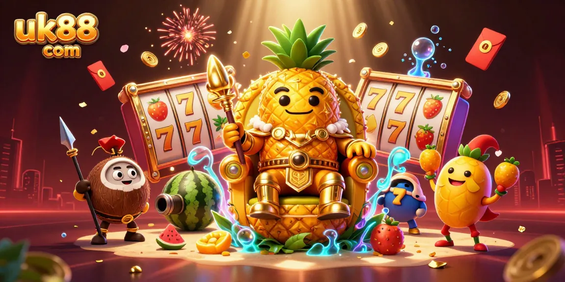 Engage with thrilling slots action on uk88 com featuring a vibrant 3D scene filled with casino characters and elements.