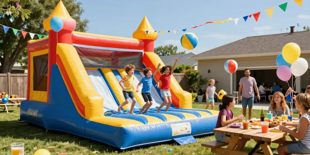 Children playing in a vibrant bounce house at an outdoor birthday party, filled with joy and laughter.