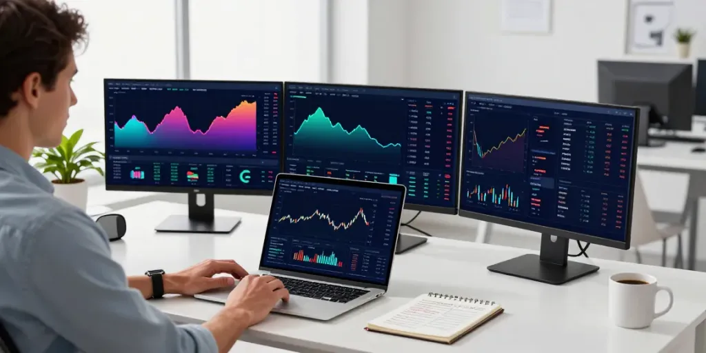 Trader using innovative AI tools for market analysis at slatecapivex.ca in a modern workspace.