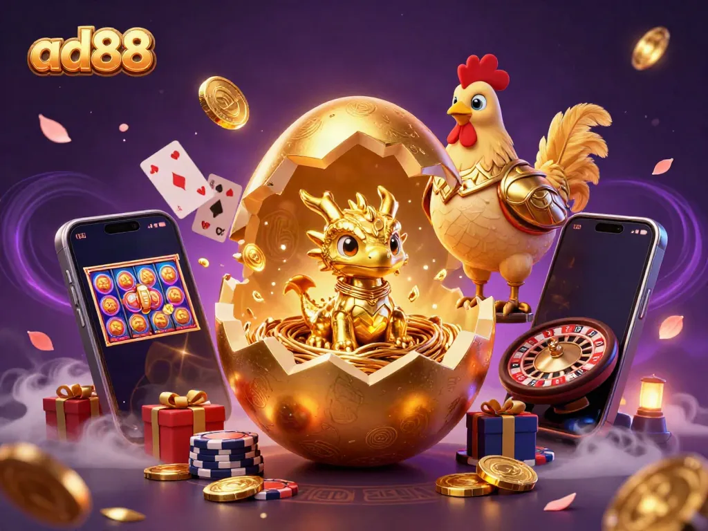 Experience the thrill of ad88 with a golden dragon and interactive game elements in a vivid scene.