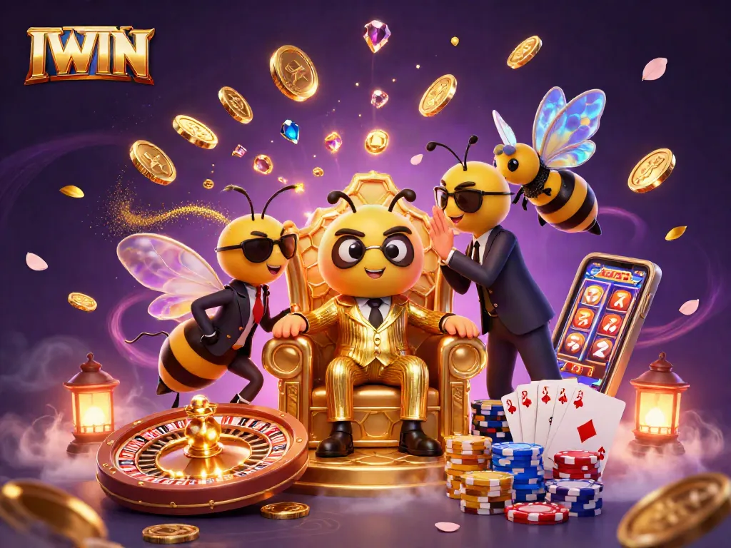 IWIN casino scene with a bumblebee mob boss, surrounded by coins, poker chips, and a roulette wheel.