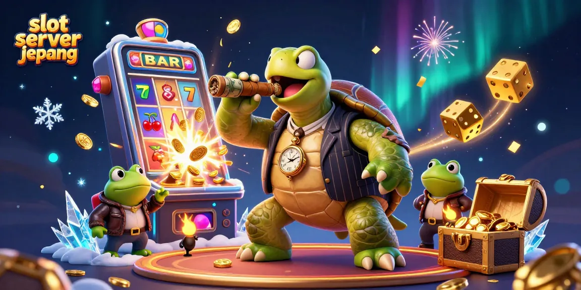 Experience vibrant action with slot server jepang, featuring a whimsical turtle mobster among dynamic gaming elements.