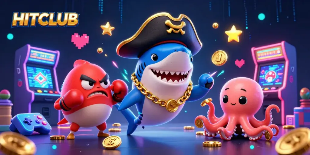 Engage with HITCLUB in an action-packed casino scene featuring colorful characters and dynamic game elements.