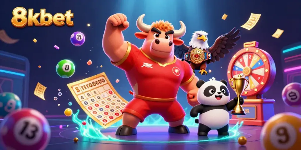 Experience excitement with 8xbet, featuring dynamic casino mascots and vibrant game elements.