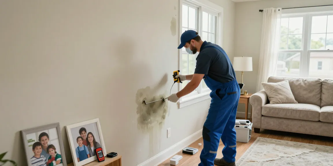 Water Damage Restoration West Vancouver: Certification technician assessing water-damaged walls in a home.