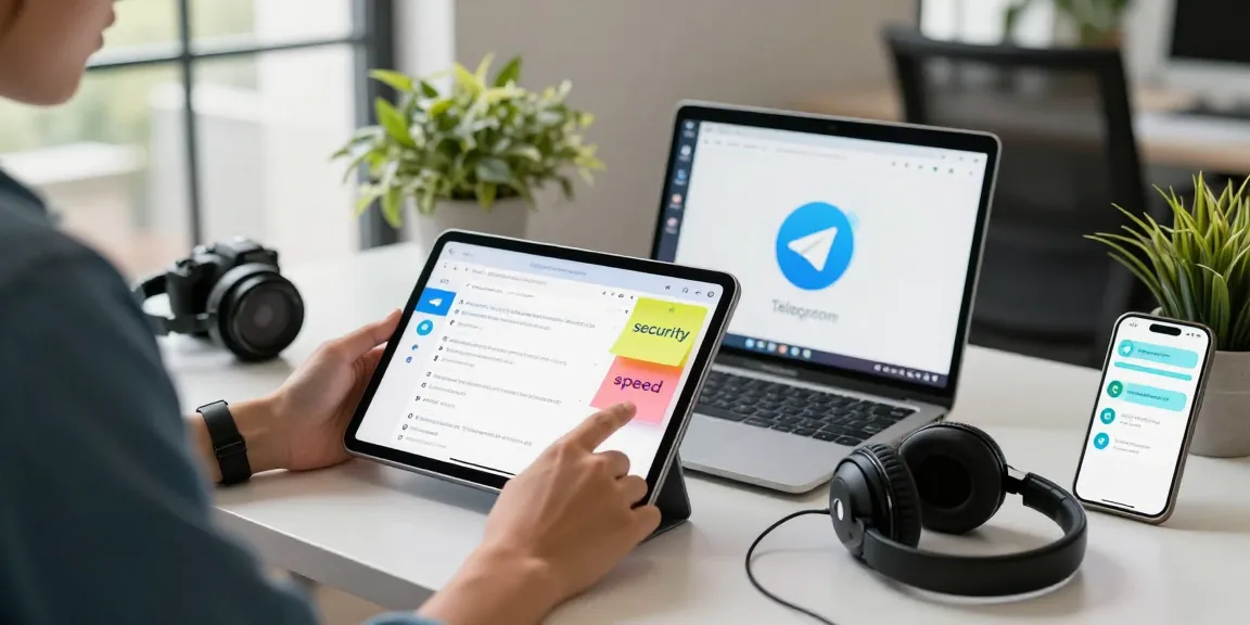 Telegram download on a tablet in a modern workspace, highlighting features of the app.