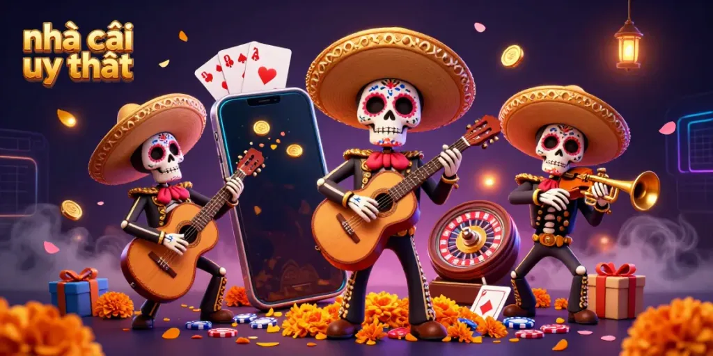 Engaging illustration of a lively scene with a mariachi band celebrating at a nhà cái uy tín event with casino games around.