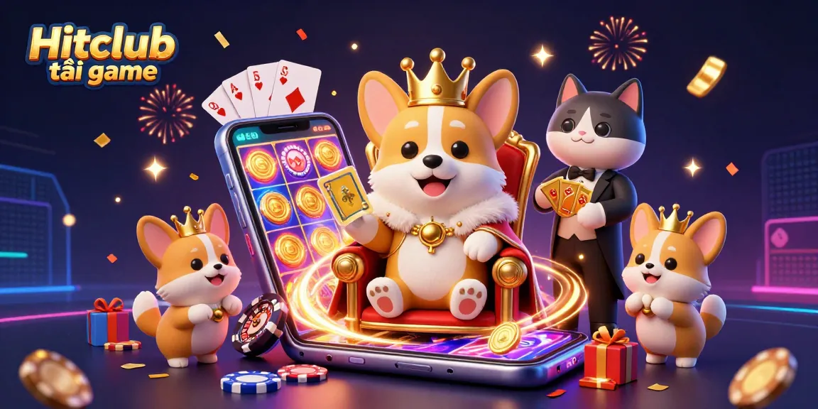 Engage with Hitclub tải game through a vibrant, dynamic casino scene featuring cartoon characters and gaming elements.