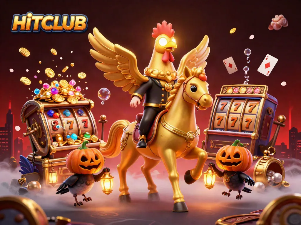 Engage in thrilling action at HITCLUB with golden rooster and scenic casino lights