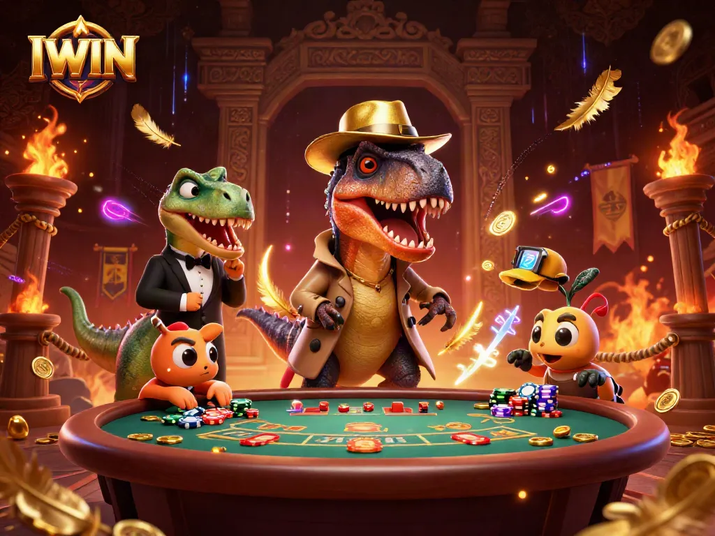 IWIN highlights a cunning velociraptor card counter at a dynamic blackjack table, capturing a playful gambling scene.