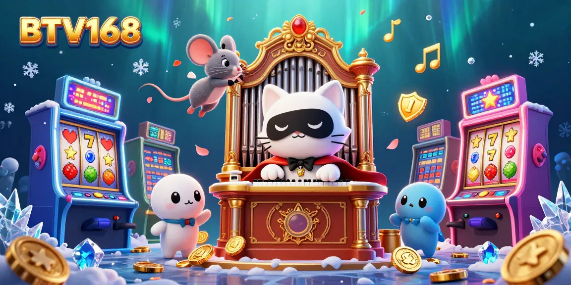 BTV168 captures the excitement of a casino with colorful slots, spinning reels, and animated characters.