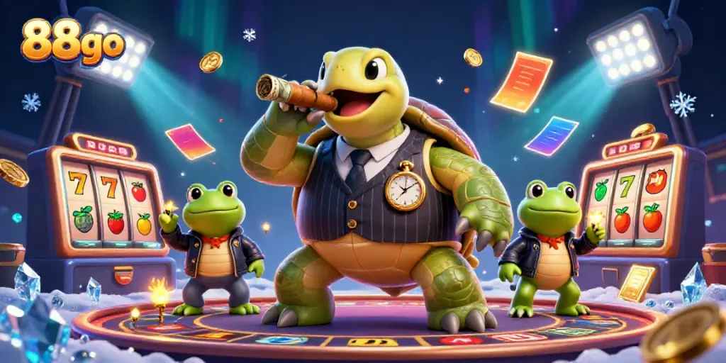 Experience the thrilling action of 88go with a cartoon turtle mobster and bullfrog enforcers under dazzling casino lights.