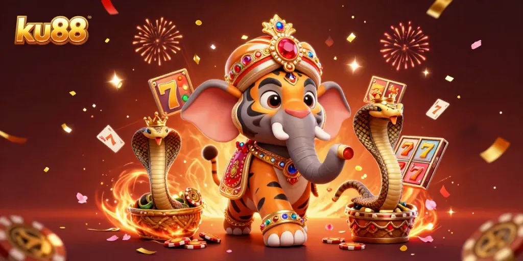 Experience vibrant casino action with ku88's 3D illustration showcasing a maharaja tiger and festive elements.