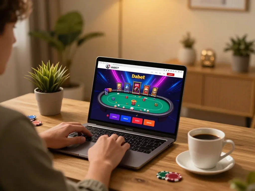 Player engaging with the Website Dabet while enjoying a dynamic online gambling experience at home.