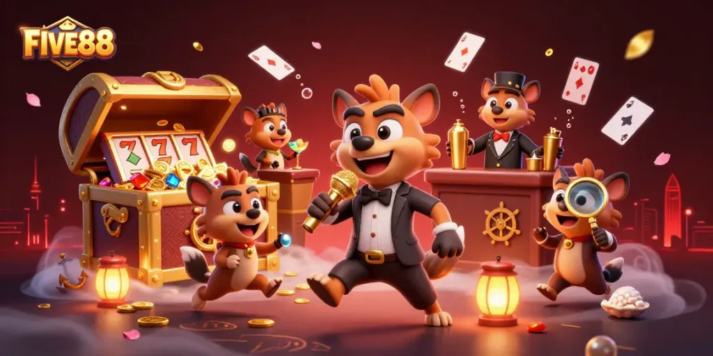 FIVE88 hyenas entertain guests at a comedy casino club with vibrant games and dynamic elements.