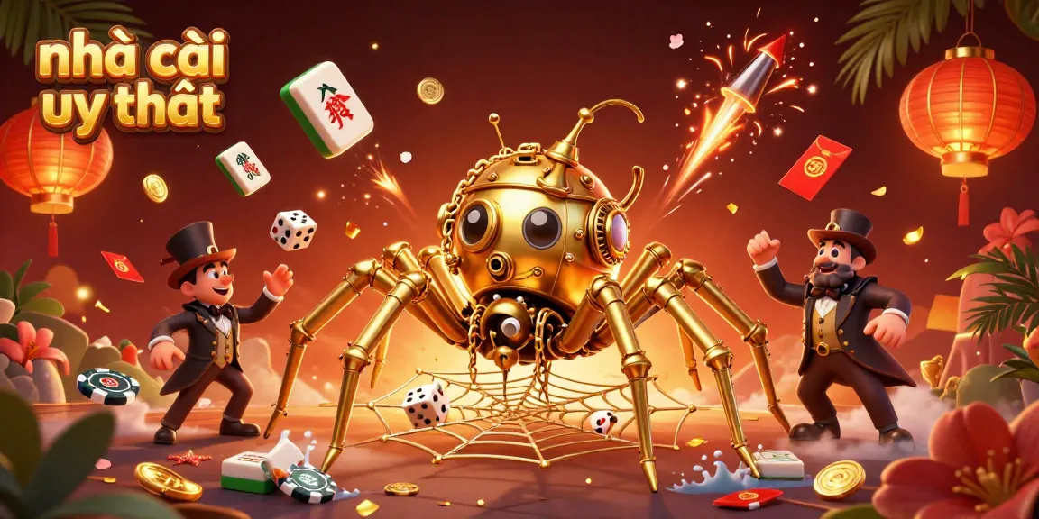 Engaging illustration showcasing nhà cái uy tín with a steampunk spider and vibrant casino elements, captivating viewers.