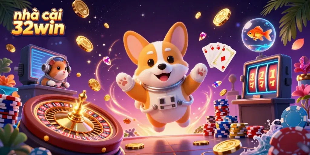 Engaging casino scene featuring a cartoon corgi in a space station casino, symbolizing nhà cái 32win.